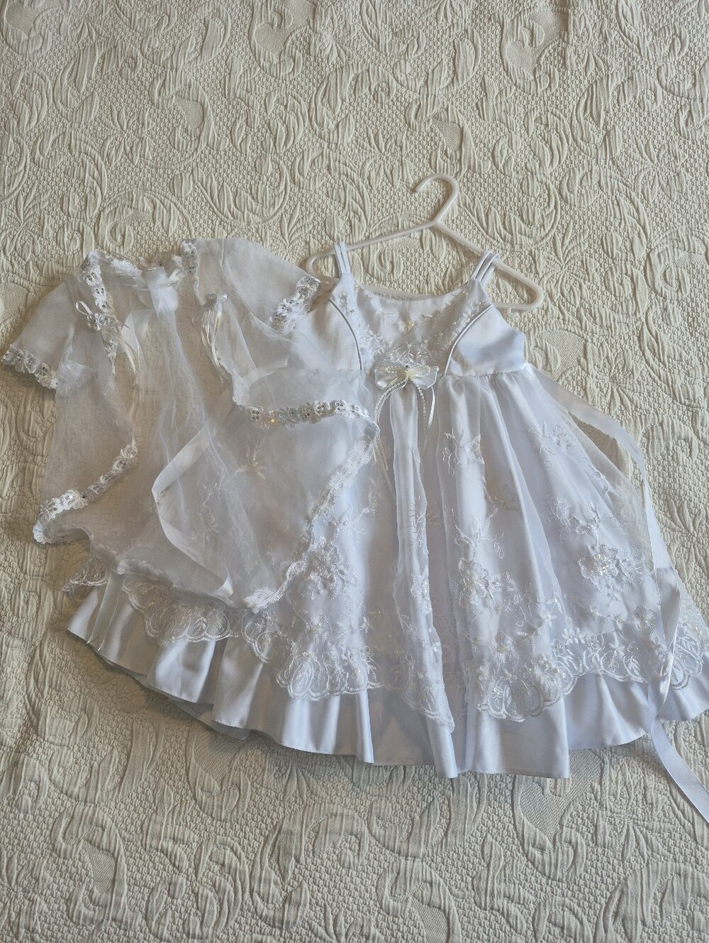 Angels New York girls size 1 white dress, beads & embroidery over jacket EUC